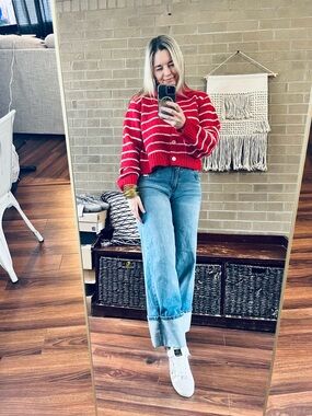 Zara Red & White Striped Button-Up Knit Sweater